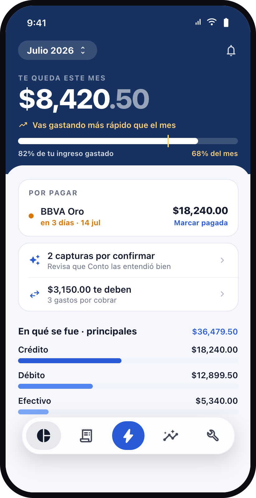 Pantalla de inicio de Conto: te queda este mes, pagos por hacer y en qué se fue el dinero