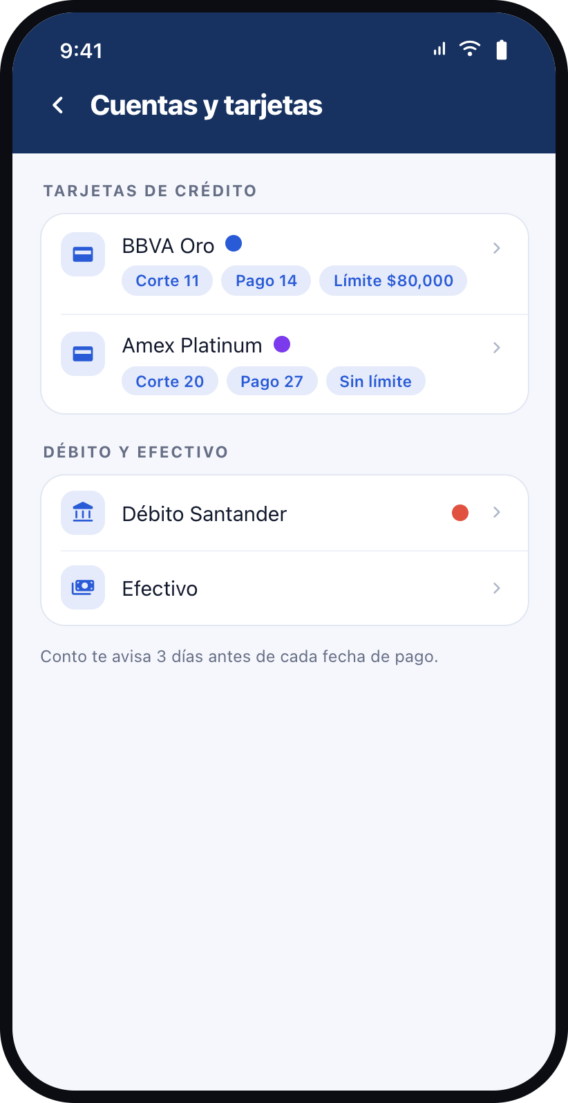 Pantalla de tarjetas de Conto con saldo al corte y compras a meses