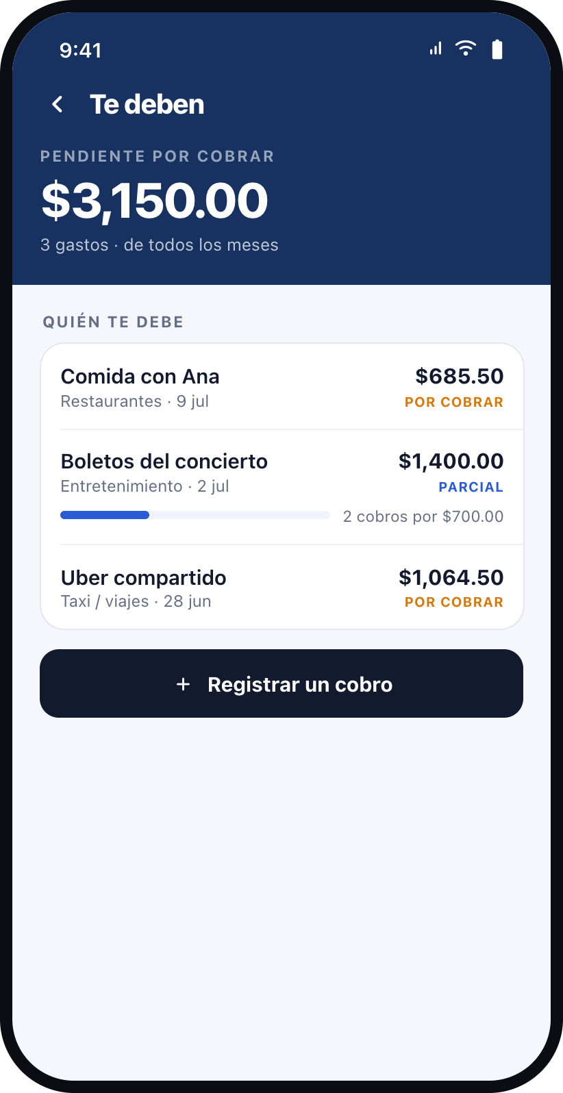 Pantalla de reembolsos de Conto